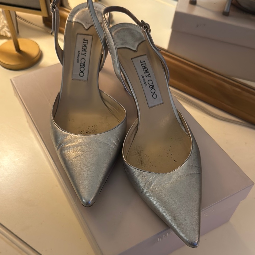 Jimmy Choo Silver Stiletto Slingback Heels